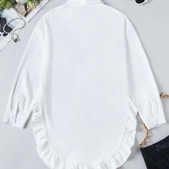 White Casual Women's Solid Color Ruffle Trim Decor Button Front Blouse - Picture 2 of 5